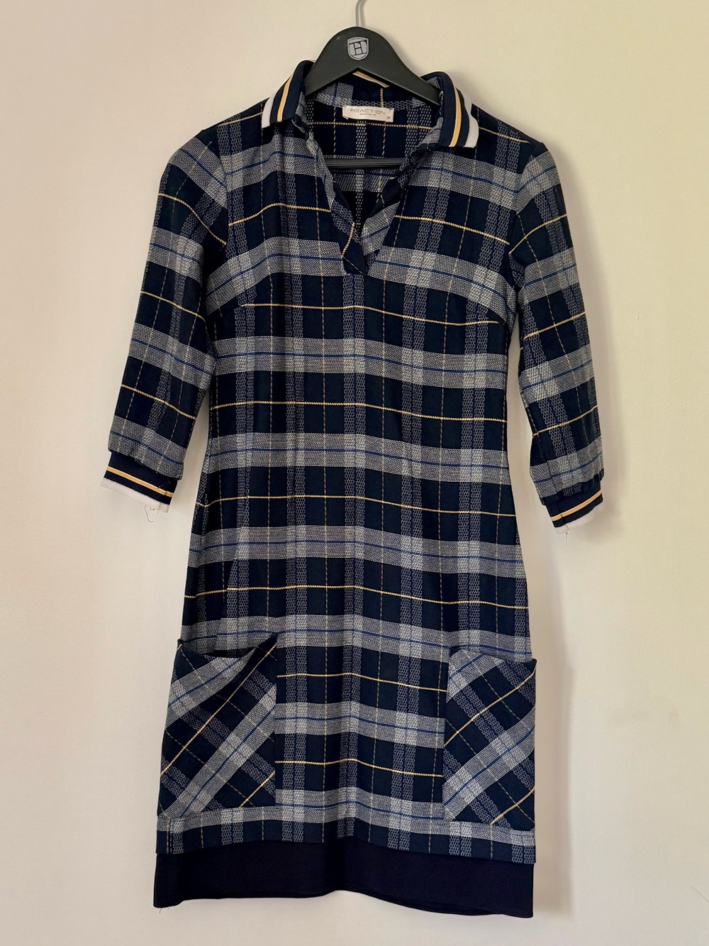 Reaction Teen Plaid Knit Polo Dress 3/4 Sleeves in Navy and Light Blue SZ.S